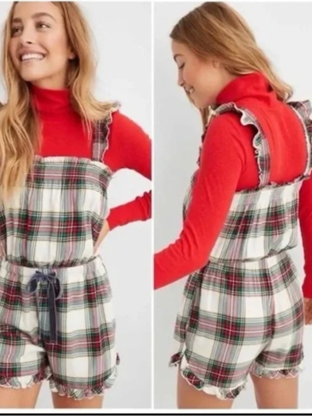 aerie Plaid Ruffle Strap Women’s Overalls Romper - Red/White